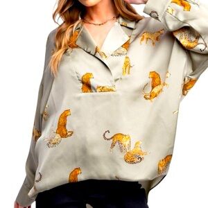 easel Sage Green Leopard Print Satin Blouse NWT Size M